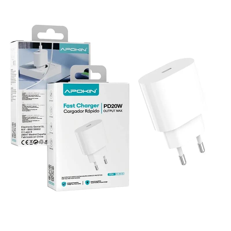 Cargador Rapido Entrada PD 20w 3.0A Sin Cable APOKIN Oval- Blanco